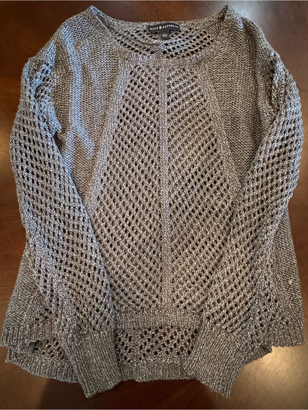 Rock & Republic Metallic Open Knit Sweater Silver Gray Shimmer Large
